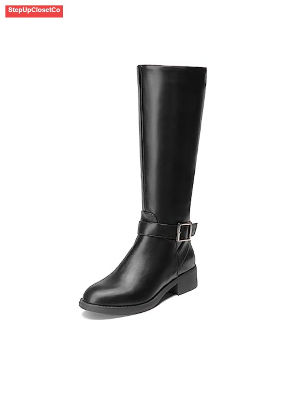 Knee High Riding Boots Faux Leather Side Zip Buckle Women Equestrian Low Heel
